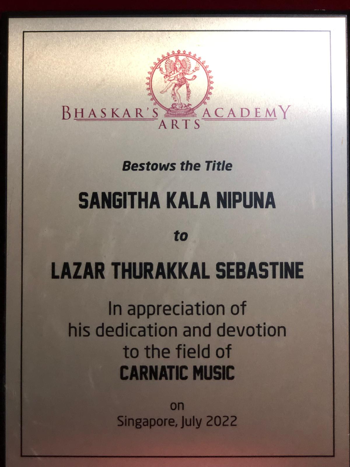 Sangeetha Kala Nipuna to Sri Lazar Thurakkal Sebastine
